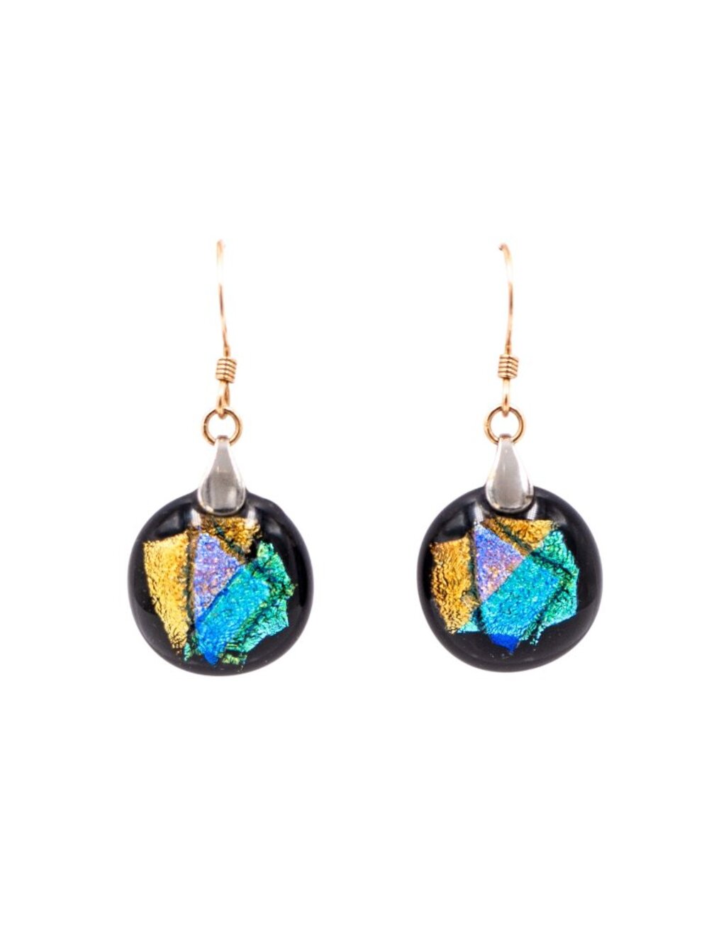 14K Yellow Gold Filled Dichroic Art Glass Artisan Dangle Earrings 1 1/2 Inches